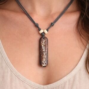 Vintage Carved Script Pendant Necklace Brown Bone Cord